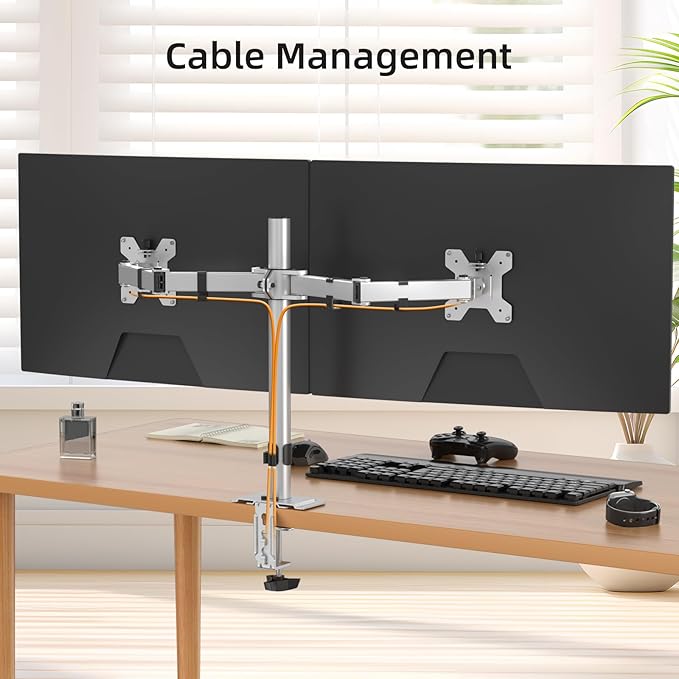 Suptek Dual Monitor Desk Mount, Adjustable Dual Monitor Arm for 2 Monitor Screens up to 38 inch, Extra Tall 15.75" Pole Monitor Stand for Desk, Holds up to 22 lbs,Silver(MD9442MS)-DeskLoop Office