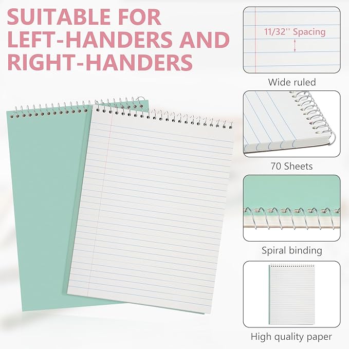 6 Pack 8.5 x 11'' Top Bound Office Steno Book Wide Ruled Double Sided Spiral Notebooks Reliable White Paper 70 Sheets/Pad Pastel Colors Covers for Writing School Notes(Bohemian Color)-DeskLoop Office