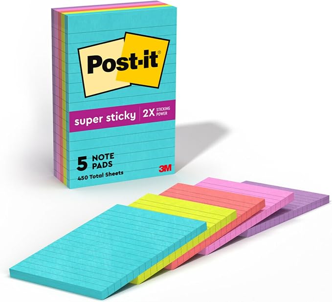 Post-it Super Sticky Notes, 4 x 6 in, Supernova Neons, 5 Lined Pads | School by Unknown