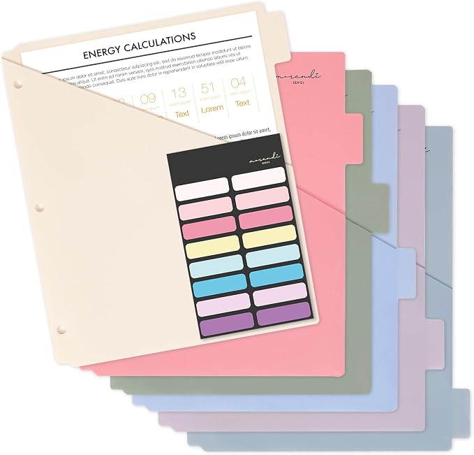 H4D 6-Tab Plastic Binder Dividers, 2 Pockets, Pastel Colors, 1 Set | Made of PP by H4D
