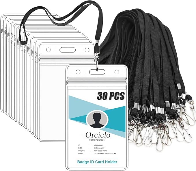 30Pcs Clear Plastic Vertical Name Tags Badge ID Card Holders and 30Pcs Flat by Orcielo