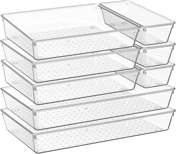 Criusia 8 Pack Drawer Organizer for Kitchen Gadgets, Large Clear Plastic Drawer Divider for Kitchen Accessories, Bathroom Organizers and Storage, Home Essentials for Makeup and Vanity Accessories-DeskLoop Office