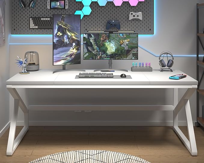 HSH 70 Inch Long White Computer Desk, Modern Large Executive Work Writing Study Gaming Desk for Home Office, Industrial Metal Wooden Two Person Desk Dual Monitor Workstation in Bedroom Living Room-DeskLoop Office