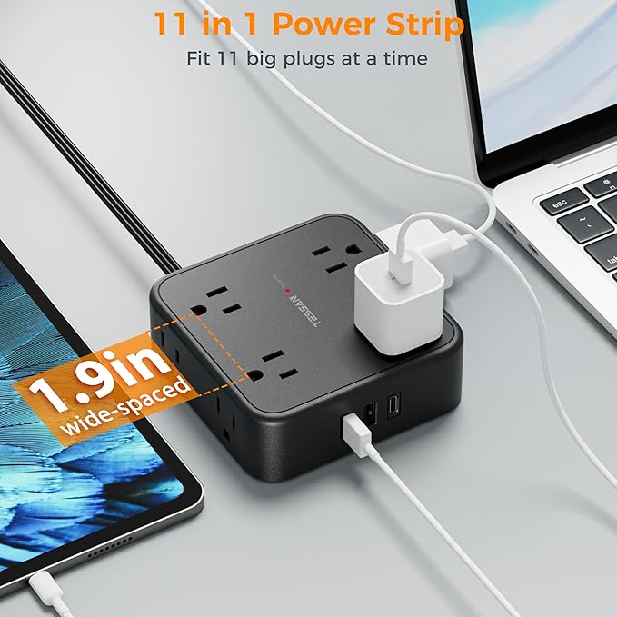 15 FT Extension Cord, TESSAN Ultra Thin Flat Plug Power Strip Surge Protector with 8 Outlets 3 USB Charger(1 USB C), 900J Surge Protection Charging Station for Home Office Dorm Room Essentials, Black-DeskLoop Office