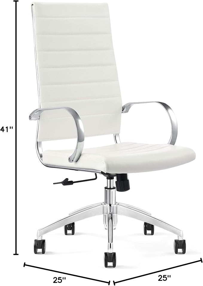 Ribbed High Back Conference Room Chairs - Lumbar Support, Modern Style Executive Home Office Chair - 360 Swivel Rolling Wheels - Aluminum Chrome Frame & Base- White Office Chair (Pack of 1)-DeskLoop Office