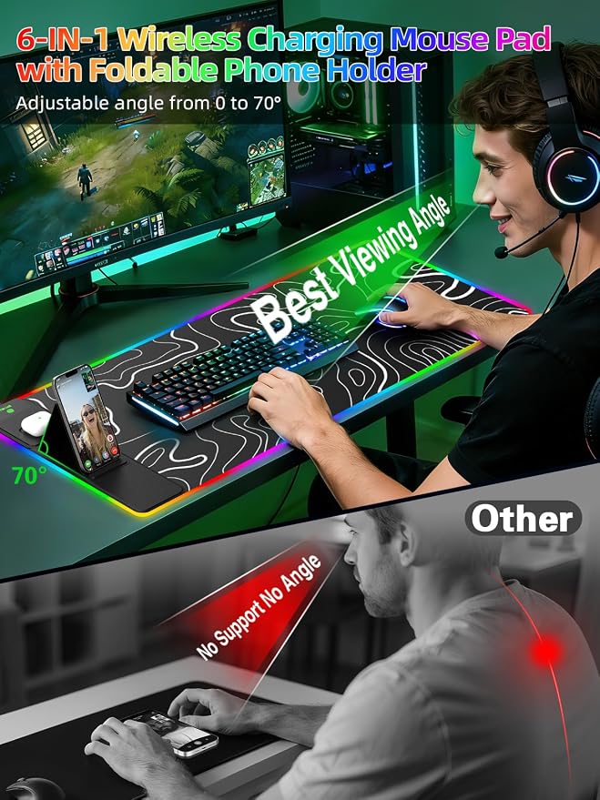 Mouse Pad with Foldable Phone Holder & Wireless Charger, XXL RGB Gaming - Image 2