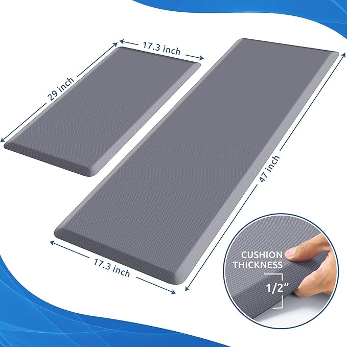 KitchenClouds 2PCS Kitchen Rugs Cushioned Anti-Fatigue Non-Slip Waterproof Kitchen Mat Comfort Foam Standing Mat for Floor Office Sink Laundry (Grey)-DeskLoop Office