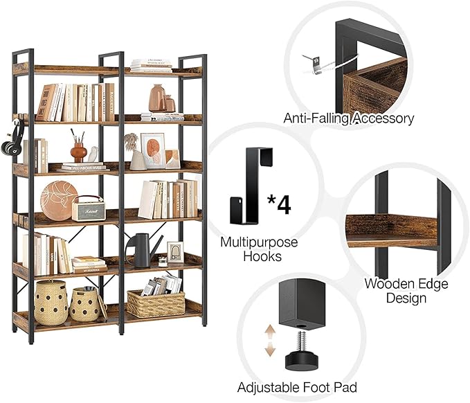 Seventable Bookshelf 6 Tier with 4 Hooks, 67” Industrial Wooden Bookcase, Vintage Storage Rack with Open Shelves, Rustic Standing Bookshelves Metal Frame 43.3” Wide Display Rack, Rustic Brown-DeskLoop Office