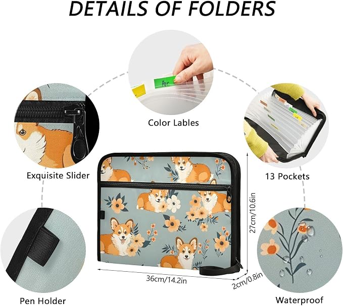 Expanding File Folder Corgi Flower Cute Accordion File Organizer 13 Pockets - Image 4