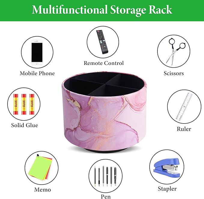 Round Leather Art Supply Organizer,Remote Control Holder,360-degree Rotating Pen Organizer with 4 Compartments(1-Pink Splash Ink)-DeskLoop Office