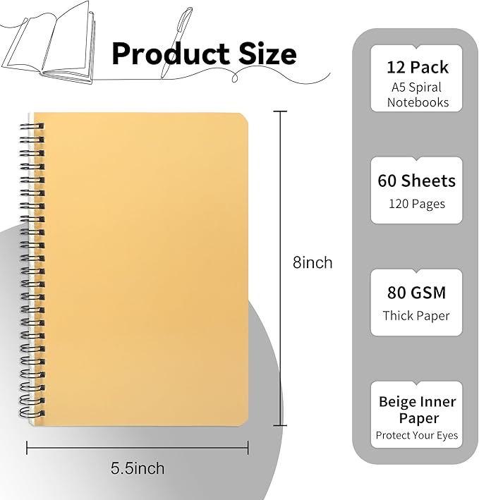 miikoul 12 Pack A5 Spiral Lined Notebooks, 8.3" X 5.5", 60 Sheets/120 Pages Wide Ruled Notebook Spiral Journals Bulk Paper Cover Notepad 12 Colors for Students Taking Class Notes Home Office Gift-DeskLoop Office