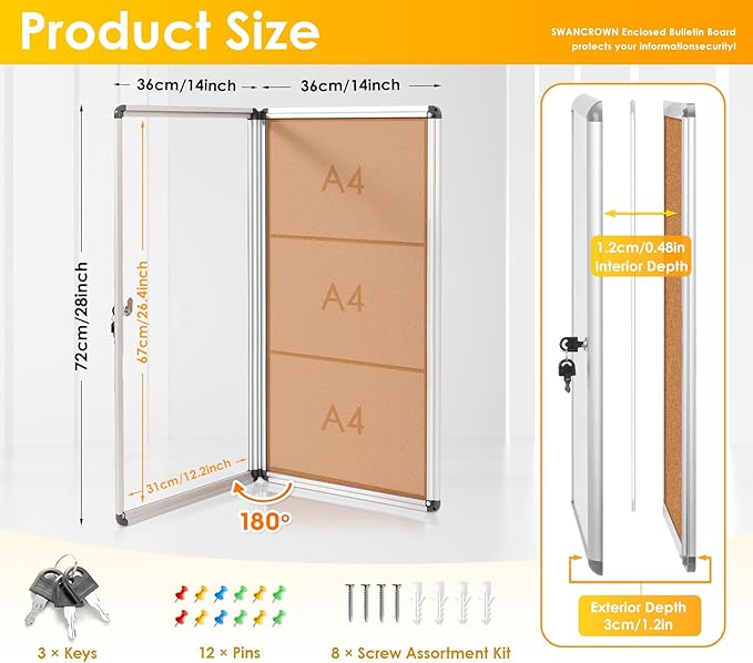 SWANCROWN Lockable Noticeboard Wall-Mounted Bulletin Pin Cork Boards Message Board with Aluminium Frame 28x14 inch-DeskLoop Office