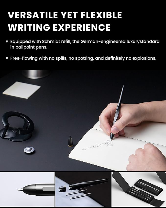 novium Hoverpen Interstellar - Space Black, Ballpoint Pen, 18K Gold-plated Pen Ring, 23.5 Degree Angle, Schmidt Ballpoint Refill, No Spills, No Spotting, No Explosions-DeskLoop Office