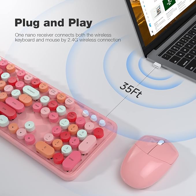 Wireless Keyboard and Mouse Combo, 104 Keys Full-Sized 2.4 GHz Round Keycap Colorful Keyboards, USB Receiver Plug and Play, for Windows, PC, Laptop, Desktop (Pink)-DeskLoop Office