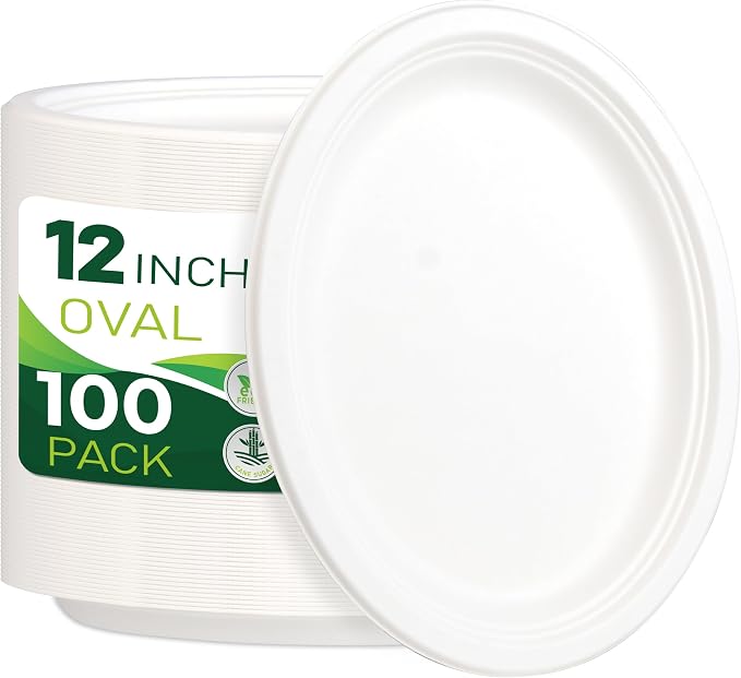 100PCS 100% Compostable White Oval Paper Plates, Heavy Duty Disposable Plates by Birchio