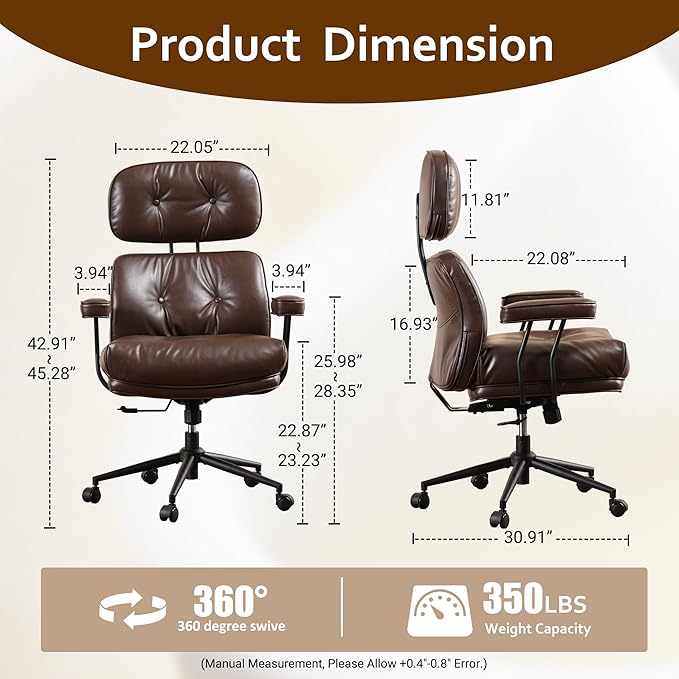 Faux Leather Executive Big and Tall Office Chair - Reclining Task Swivel PC Chair with Lumbar Support, Dark BrownPU-DeskLoop Office