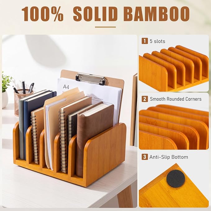 Lineshading Bamboo Letter Organizer, 5 Compartments Desk Mail Organizer - Image 3