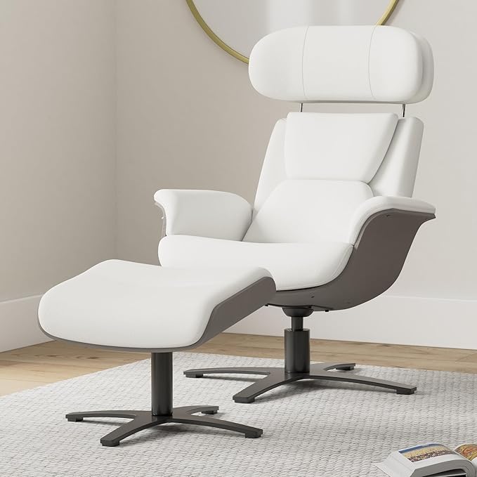 CHITA Genuine Leather Reclining Swivel Chair with Adjustable Headrest and Ottoman for Living Room, White-DeskLoop Office