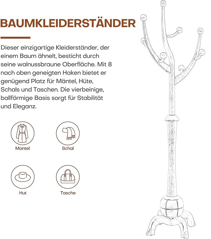 Coat Rack Freestanding Wood Tree Rack with 8 Hooks, Creative Design Tree Branch-look, Coat Tree Clothes Hanger Stand with Stable Sphere Base for Entryway, Hallway, Bedroom - Load 160lbs (Light Brown)-DeskLoop Office