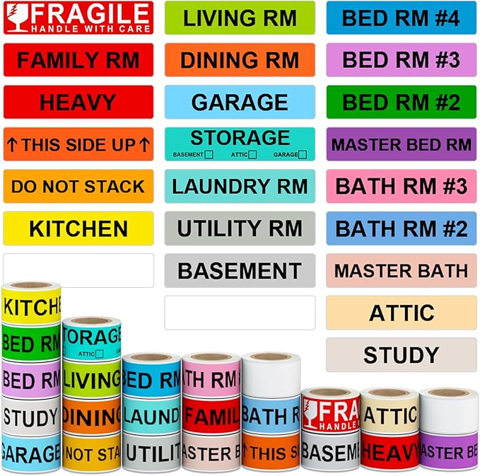 Moving Box Labels – 1440 PCS Color Coded Room Stickers, Fragile & Heavy Item by BIAlabel