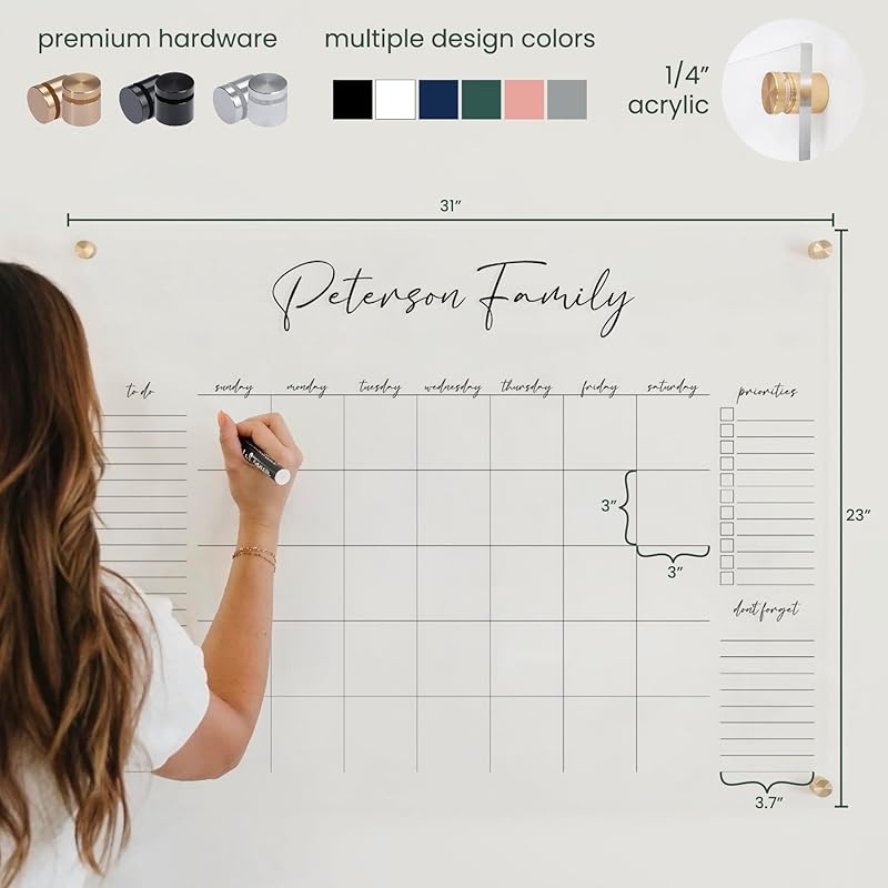 Personalized Clear Acrylic Calendar for Wall, Calendar Whiteboard for Wall, Dry Erase Wall Calendar, Wall Calendar Organizer System for Home (Cursive, Black, 31"W x 23"H)