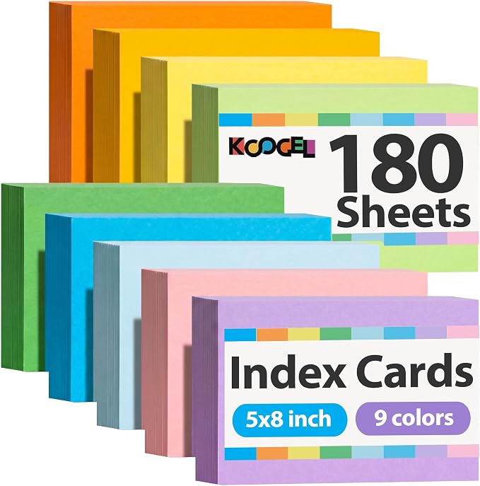 Koogel 180PCS Large Blank Index Cards 5x8, Colored Flash Cards Notecards by KOOGEL