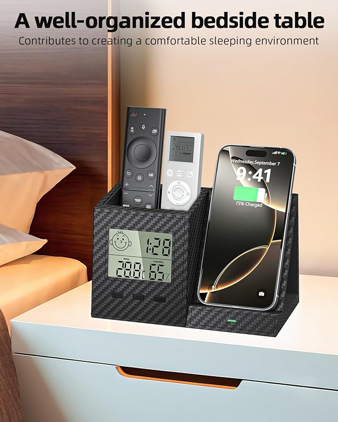 Multifunctional Pen Holder and Organizer for Desk with Wireless Charger, Digital Indoor Thermometer and Humidity Gauge, Home Office Organizers and Storage (Battery Included)-DeskLoop Office