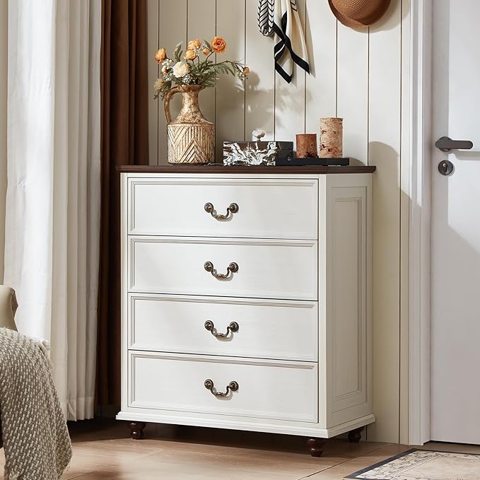 Farmhouse 4 Drawer Dresser Set of 2 for Bedroom, 37" Tall Rustic Chests of Drawers w/ 4 Solid Wood Feet, Mid Century Vintage Wooden Closet Storage Dressers Organizer for Living Room, White-DeskLoop Office