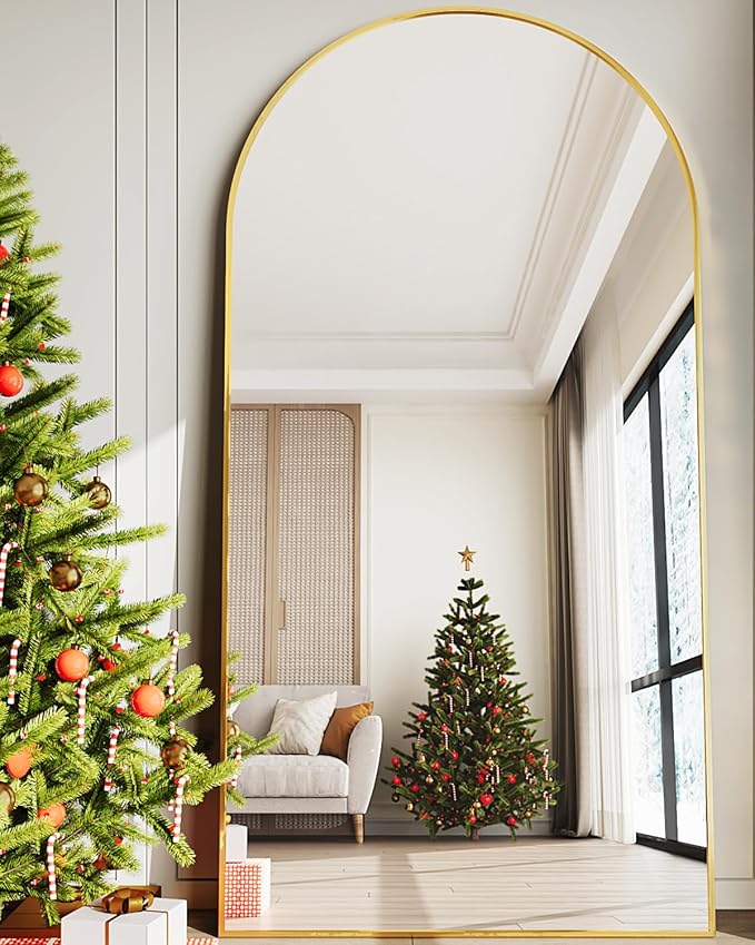 Full Length Mirror, 81"x41" Oversized Floor Mirror Freestanding, Full Body Floor Standing Mirror with Stand, Hanging Mounted for Bedroom Living Room, Gold, Arched Style-DeskLoop Office