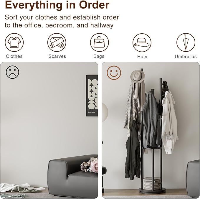 Solid Wood Rotary Coat Rack, Freestanding Coat Rack with 3 Shelves and 9 Hooks, Coat tree for Bedroom, Entryway, Livingroom, Coat Hanger Stand for Coats, Scarves, Handbags (Black)-DeskLoop Office