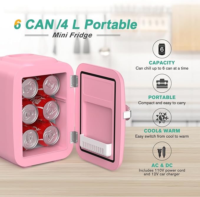 CROWNFUL Mini Fridge, 4 Liter/6 Can Portable Cooler and Warmer Personal Refrigerator for Skin Care, Cosmetics, Beverage, Food,Great for Bedroom, Office, Car, Dorm, ETL Listed (Pink)-DeskLoop Office