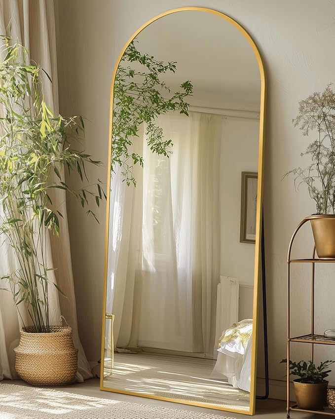 Full-Length Floor Mirror with Stand, 58"x19" Arched Style Full Body Standing Mirror for Bedroom, Living Room, Gym, Dorm - Shatter-Resistant & Easy Assembly, Gold-DeskLoop Office