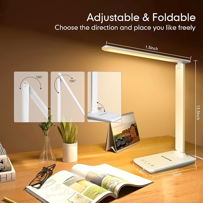 White crown LED Desk Lamp with 15W Wireless Charger & USB Port, Dimmable Table - Image 7