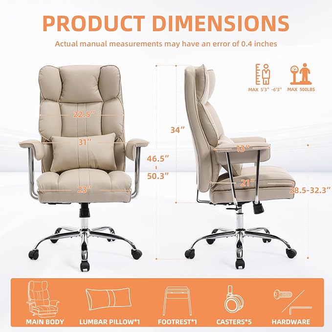 Big and Tall Office Chair 500lbs Wide Seat Executive Office Desk Chair High-Back Office Task Chair, Ergonomic Lumbar Support Computer Office Chairs for Heavy People(Beige)-DeskLoop Office