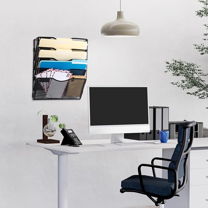 EASEPRES 5 Pocket Mesh Hanging Wall File Organizer with Hangers & Nametag Label, Wall Mounted Mail Paper Document Folder Holder, Clipboard Storage Organization Magazine Rack for Office Cubicle, Black-DeskLoop Office