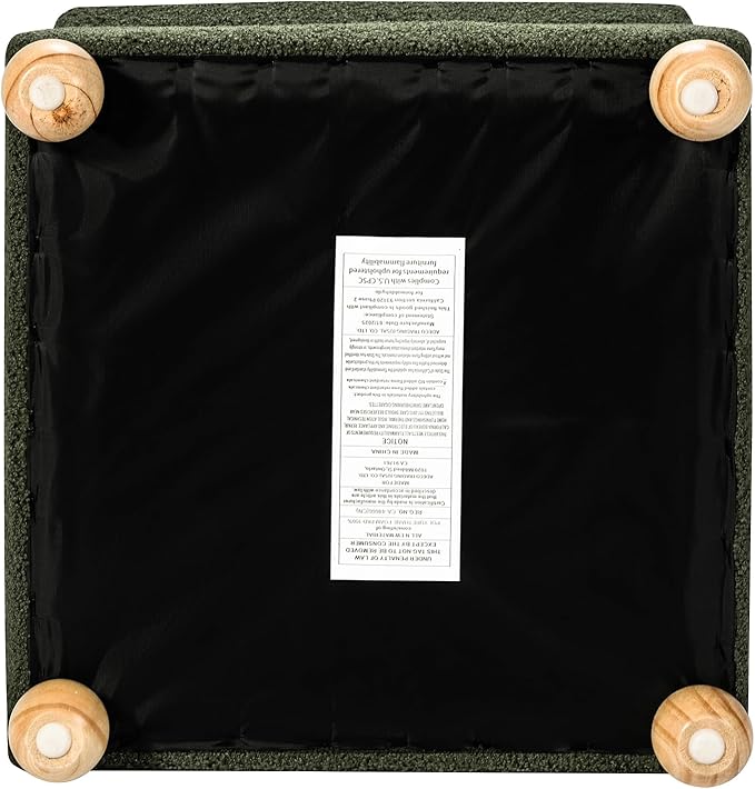 Adeco 17 Inch Soft Dark Green Cube Ottoman Storage, Teddy Velvet Chair Foot Stools, Upholstered Vanity Stool with Hinged Lid, Solid Round Wood Legs-DeskLoop Office