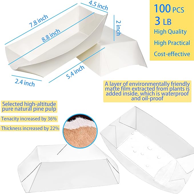 100 Pack 3lb Kraft Paper Food Trays, Waterproof Heavy-Duty Paper Food Boats - Image 2