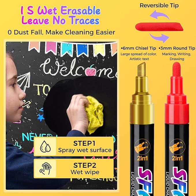 SFAIH 8 Vibrant Liquid Chalk Markers Erasable - Chalk Pens for Blackboard, Calendar, Windows, Glass, Bistro, Stores, Signs, Zero Dust, Non-Toxic, 4.5mm Reversible Tip, With Highlighter Color Markers