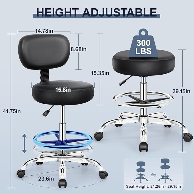 Drafting Chair with Backrest – Adjustable Foot Rest Rolling Stool with Wheels, PU Leather Swivel Stool for Office Spa Studio Lab Counter Salon Home Work Bar Kitchen Shop(Silver)-DeskLoop Office