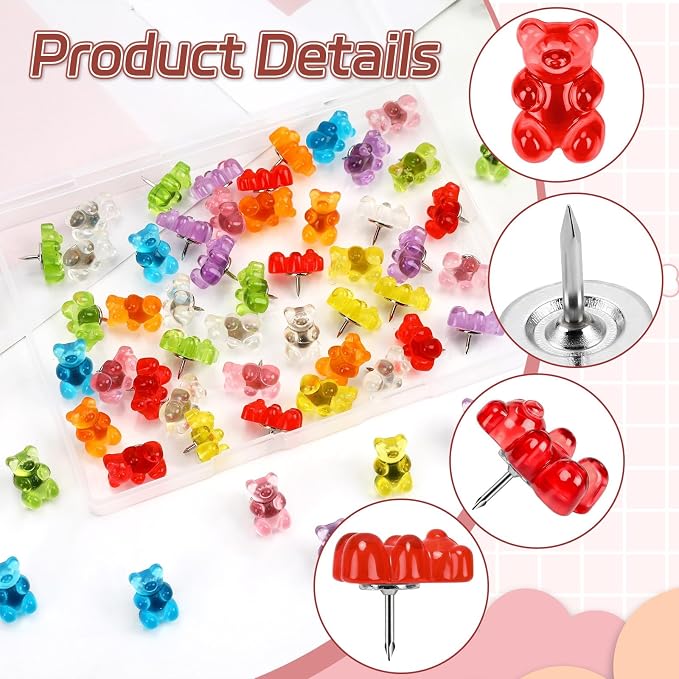 JANYUN 60Pcs Gummy Bear Push Pins Cute Resin Decorative Thumb Tacks | Cute - Image 3