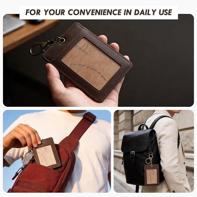 Badge Holder: Boshiho Cowhide Leather ID Card Badge Holder - Image 3