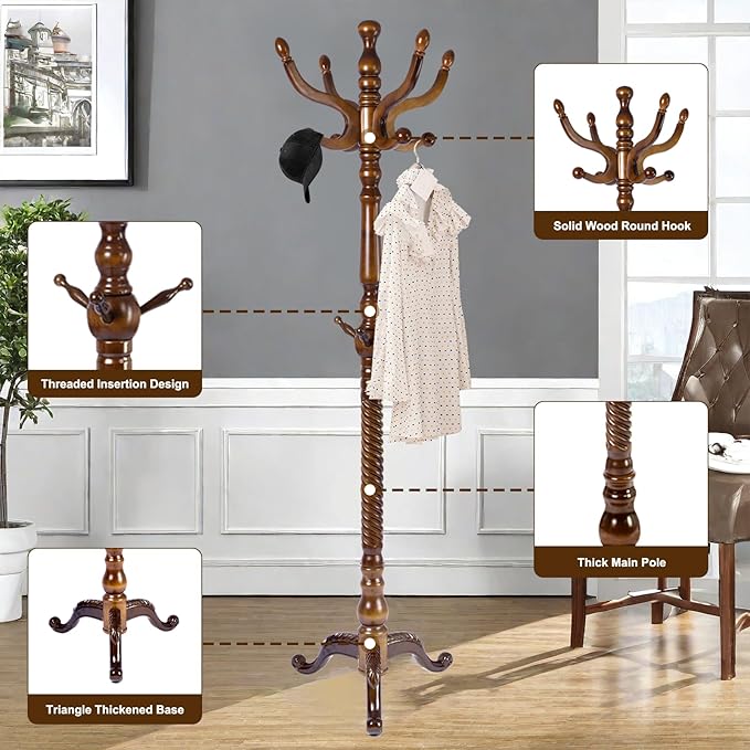 Solid Wood Coat Rack – 74.8" Freestanding Coat Racks Stand with 11 Hooks & Stable Base, Adjustable Height Modern Wooden Hall Tree for Entryway, Bedroom, Office, Home (Walnut Triangle)-DeskLoop Office