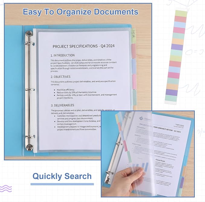 10 Sets 80Pcs Clear Sheet Protector Sleeves, Plastic 3 Ring Binder Dividers | - Image 5