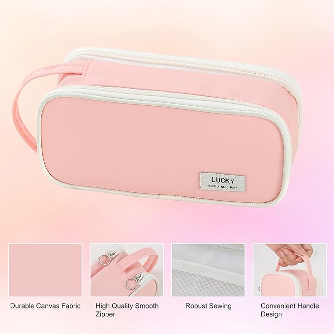 Pencil Case Large Zipper Pencil Pouch for Girls Kids Teens Adults Aesthetic Pencil Bag Stationery Organizer Pencil Case with Handle for School Pink-DeskLoop Office