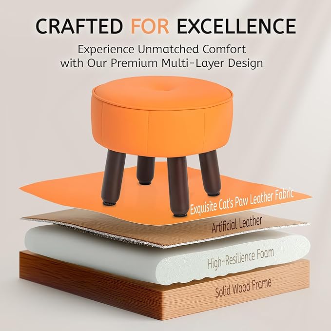 13in Small Foot Stool Ottoman, Round Faux Leather Foot Rest for Couch, Under Desk Pouf Footstool Footrest with Non-Skid Rubber Legs for Ling Room, Bedroom, 13''L x 13''W x 10.2''H, Orange-DeskLoop Office