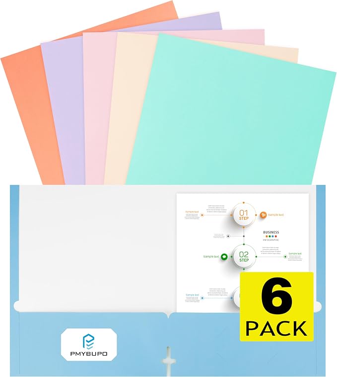 pmybupo 6Pack Folders with Pockets, 2-Pocket Colored File Folders, Pastel Colors by pmybupo