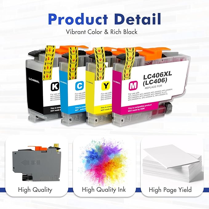 LC406 LC406XL Ink Cartridges for Brother Printer 406XL LC 406 XL for MFC-J4335DW MFC-J5855DW MFC-J6555DW MFC-J4535DW MFC-J6955DW MFC-J4345DW MFC-J5955DW - 4 Pack High Yields Black Cyan Magenta Yellow-DeskLoop Office
