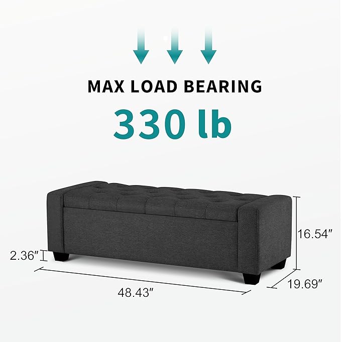 48" Ottoman with Storage, Storage Ottoman Bench with Safety Hinge, Upholstered Entryway Bench with Seating for Bedroom, Living Room, Holds up to 330 lb, Dark Gray-DeskLoop Office