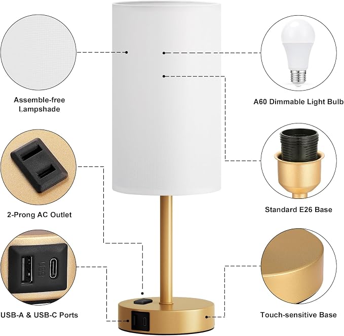 Fenmzee Gold Nightstand Bedroom Lamp - Image 7