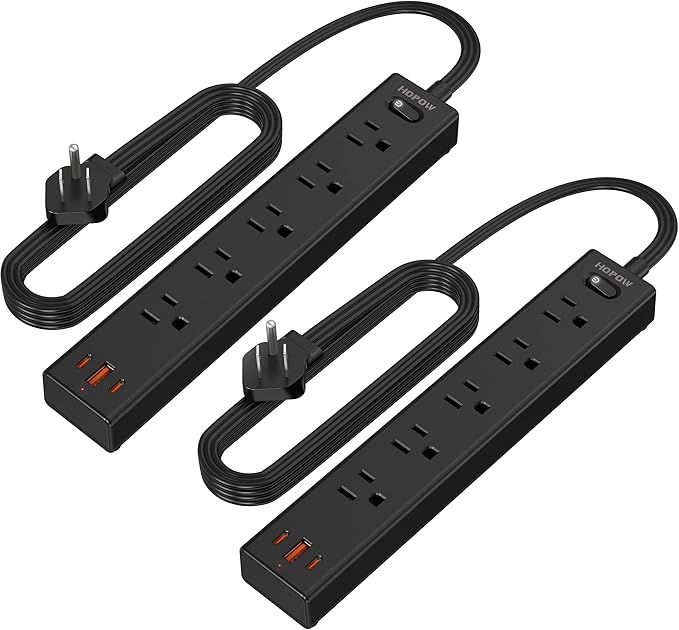 Flat Plug Power Strip, 2 Pack, 6 Ft Ultra Thin Flat Extension Cord, Surge Protector with 5 Outlets & 3 USB Ports (2 USB C Slots), 1700 Joules, 3-Prong, Wall Mount for Home Office Dorm, Black-DeskLoop Office